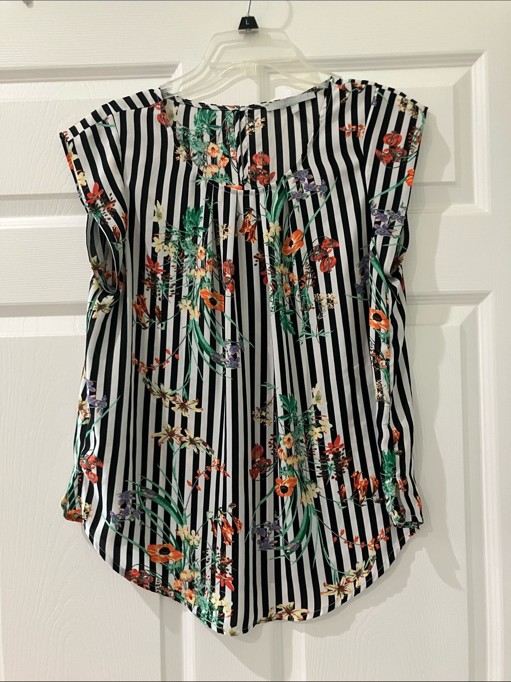 Sweet Rain Black & White Striped Floral Cap-Sleeve Top